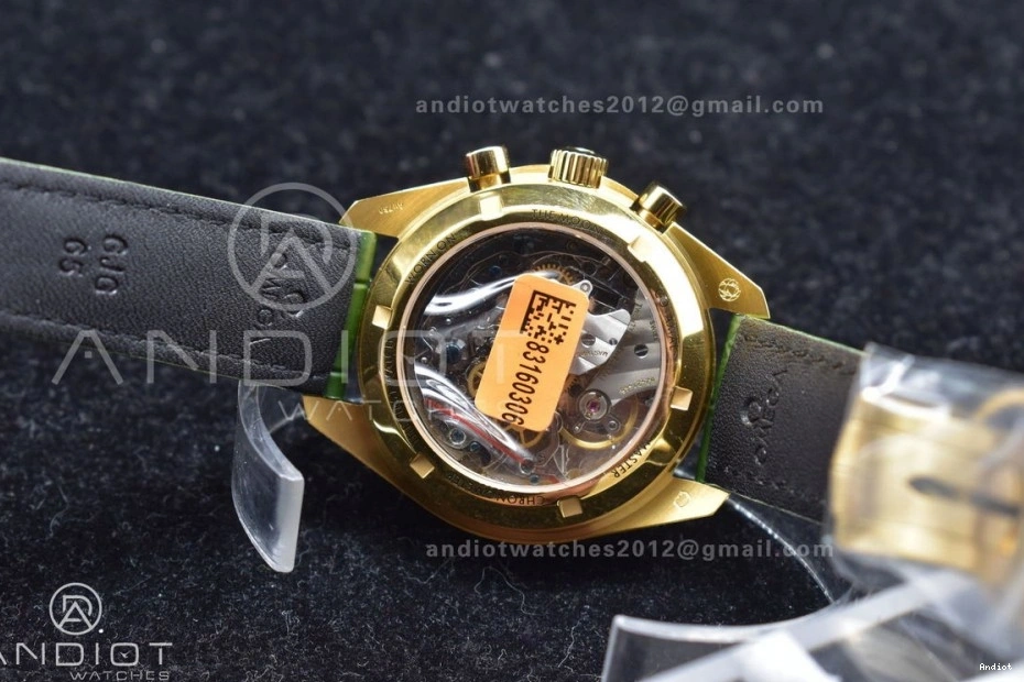 Manual Dial Moonwatch YG Green Speedmaster Strap Moonshine Green in Chrono Leather RMF Gold on Best Edition 0101